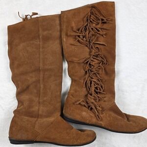 Xhilaration Fringe Boots Women 8.5 Brown Good Suede Tall Flat Boho Western